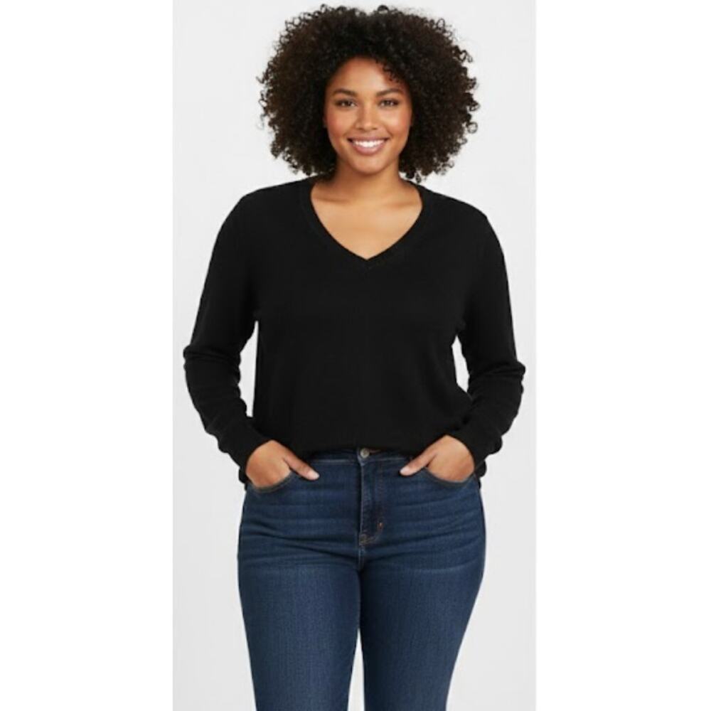 State Cashmere Womens V Neck Cashmere Sweater Black Long Sleeve Size XXL New